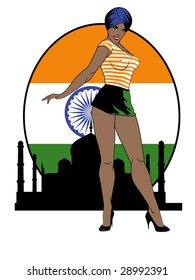 stylized vector illustration of a beautiful pinup in front of an indian flag and the taj mahal... flag contained in clipping mask...this is part of a set