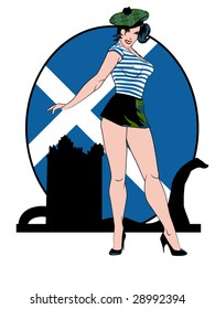 stylized vector illustration of a beautiful pinup in front of a scottish flag and the loch ness monster & urquhart castle... flag contained in clipping mask...this is part of a set