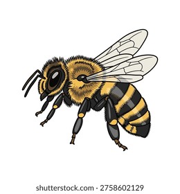 Stylized vector illustration of a bee against a white background. Clean lines and vibrant yellow and black stripes. Offers conceptual value for themes of nature, work, or productivity. Ideal for marketing materials, educational content, or website graphics.