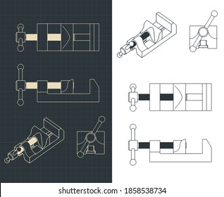 Stylized vector illustration of bench vice drawings