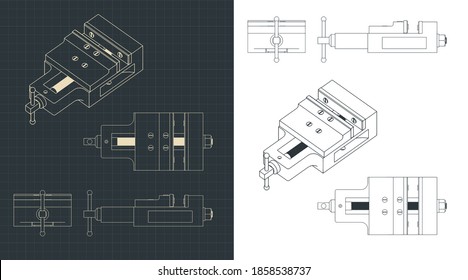 Stylized vector illustration of bench vice drawings