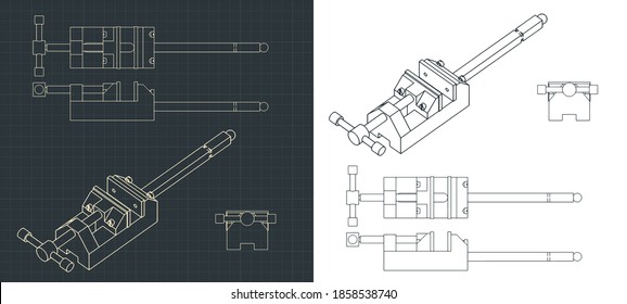 Stylized vector illustration of bench vice drawings