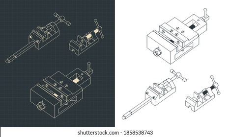 Stylized vector illustration of bench vice isometric drawings mini Set