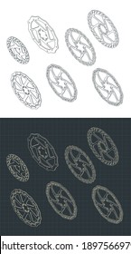 Stylized vector illustration of Bicycle disc brakes isometric drawings Set