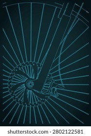 Stylized vector illustration of bicycle fork front wheel close-up