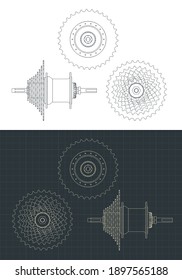 Stylized vector illustration of Bicycle Hub with cassette drawings