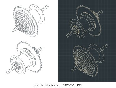 Stylized vector illustration of Bicycle Hub with cassette isometric drawings