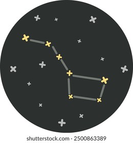 Stylized vector illustration of the Big Dipper constellation with yellow stars and gray crosses on a dark circular background.