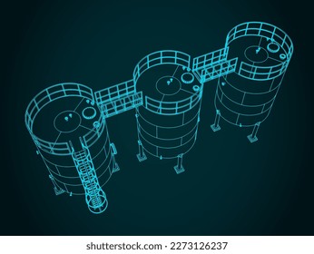 Stylized vector illustration of big fermentation stainless steel tanks