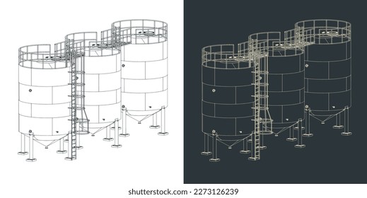 Stylized vector illustration of big fermentation stainless steel tanks