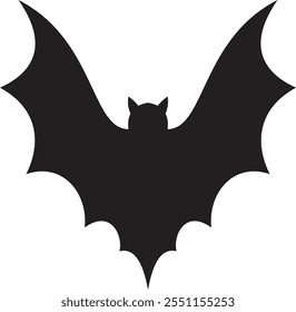 Stylized vector illustration of a black bat silhouette flying with its wings wide open, creating a spooky and mysterious atmosphere perfect for halloween projects