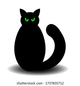 Stylized vector illustration of a black cat silhouette with bright green eyes.