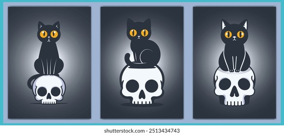 Stylized vector illustration of a black cat sitting on a skull, featuring bold yellow eyes and dark tones. Perfect for Halloween, gothic decor, or themed design projects with a spooky twist