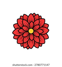 A stylized vector illustration of a blooming red dahlia flower with a yellow center isolated on a plain white background.