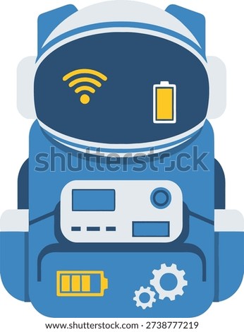 A stylized vector illustration of a blue backpack adorned with icons for Wi-Fi, battery, gears, CPU, and a rocket, symbolizing smart technology.