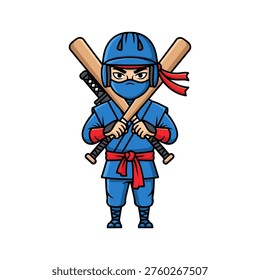 Stylized vector illustration of a blue ninja baseball player, holding crossed baseball bats and a sword. Evokes themes of sports, strategy, and skill. Ideal for sports blogs, marketing campaigns, or gaming content.