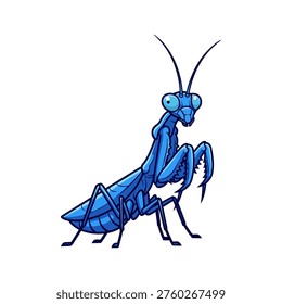 Stylized vector illustration of a blue praying mantis with bold outlines and gradients. Evokes precision, focus, and predatory instinct. Ideal for tech, science, or finance branding and marketing materials.