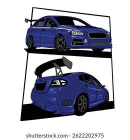 Stylized Vector Illustration of a Blue Tuner Car – Front and Rear View