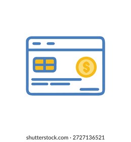 Ilustración vectorial estilizada de una maqueta de Sitio web azul que muestra una tarjeta de crédito y una moneda de oro, aislada sobre fondo blanco.