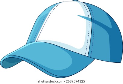Stylized vector illustration of a blue and white baseball cap with detailed stitching and shading, emphasizing a sporty theme