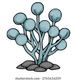 Stylized vector illustration of a blue-green coral or sea plant with rounded polyps, rooted in grey stones, isolated on white background.