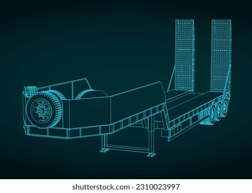 Stylized vector illustration of blueprint of 3 axle lowbed trailer