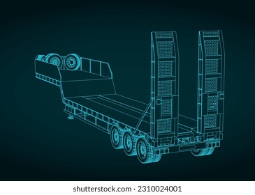 Stylized vector illustration of blueprint of 3 axle lowbed trailer