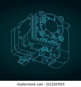 Stylized vector illustration of blueprint of 3d printer extruder