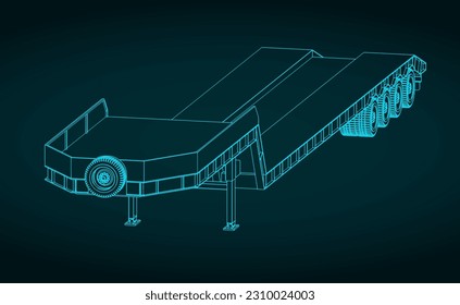 Stylized vector illustration of blueprint of 4 axle lowbed trailer