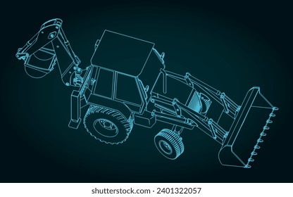 Stylized vector illustration of blueprint of backhoe loader