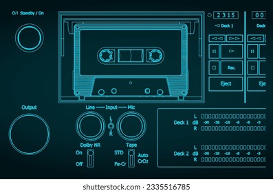 Stylized vector illustration of blueprint of a cassette deck of a tape recorder close-up