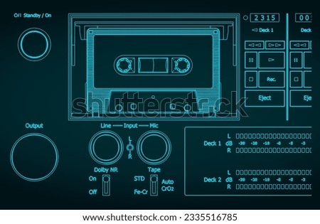 Stylized vector illustration of blueprint of a cassette deck of a tape recorder close-up