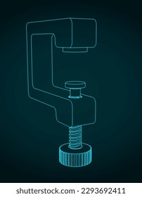 Stylized vector illustration of blueprint of c-clamp