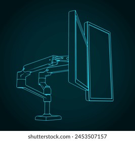 Stylized vector illustration of blueprint of dual monitor mount
