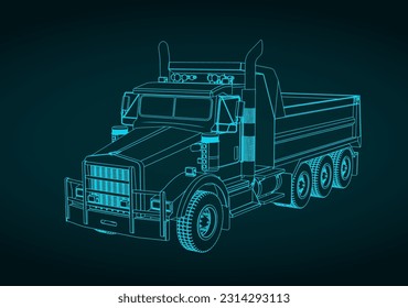 Stylized vector illustration of blueprint of dump truck