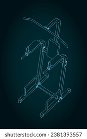 Stylized vector illustration of blueprint of exercise machine. Crossbar, horizontal bar and parallel bars