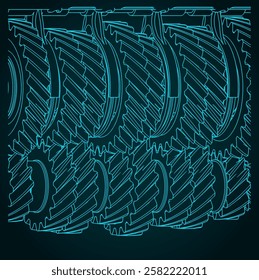 Stylized vector illustration of blueprint of gearbox mechanisms close-up
