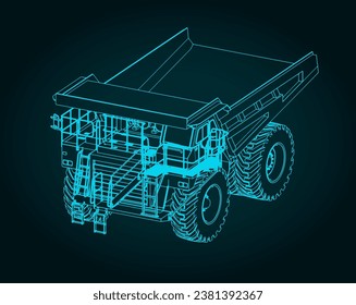 Stylized vector illustration of blueprint of huge mining dump truck