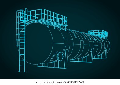 Ilustración vectorial estilizada del plano de un Grande tanque de almacenamiento Horizontal