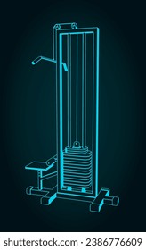 Stylized vector illustration of blueprint of lat pulldown machine