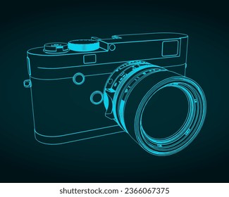 Stylized vector illustration of blueprint of mirrorless rangefinder camera