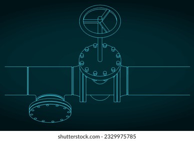 Stylized vector illustration of blueprint of pipes and valves