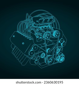 Stilvolle Vektorgrafik von Blaupausen mit leistungsstarkem Turbo-Motor