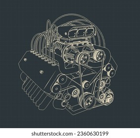 Stylized vector illustration of blueprint of powerful turbocharged V-engine