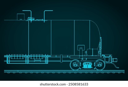 Ilustración vectorial estilizada del plano de un primer plano de un vagón tanque de ferrocarril