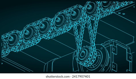 Stylized vector illustration of blueprint of roller conveyor with chain drive