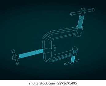 Stylized vector illustration of blueprint of three way C-clamp