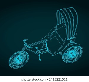 Stylized vector illustration of blueprint of three wheeled man-powered vehicle
