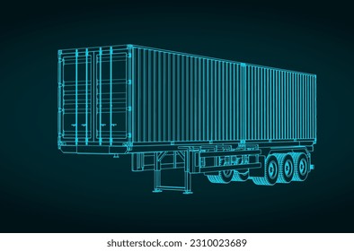 Stylized vector illustration of blueprint of tri-axle container trailer