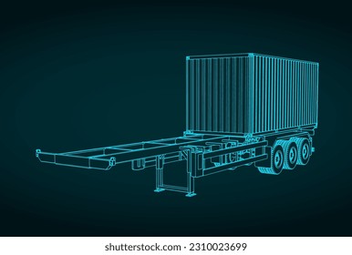 Stylized vector illustration of blueprint of tri-axle container trailer